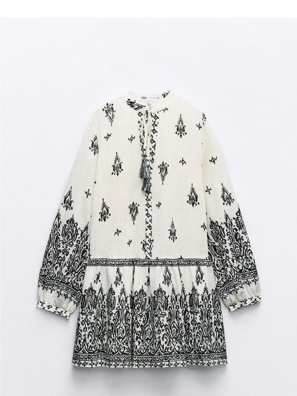 Zara White Long Mini Dress with Rustic Embroidery